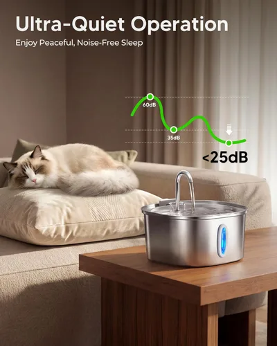 Vista 6 de PEKTACO Fuente de Agua para Gatos de Acero Inoxidable, Dispensador de Agua para Gatos de 3.2L/108oz con Bomba de Agua Ultra Silenciosa y Ventana
