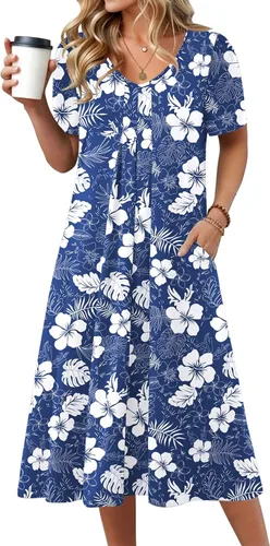 Vista 11 de Zeagoo Vestido de verano para mujer, casual, floral, midi, con bolsillos, cuello en V, plisado, manga corta, estilo alineado, para vacaciones