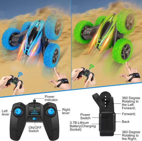 Vista 9 de Paquete de 2 relojes RC Stunt Car con sensor de gestos 4WD de doble cara giratoria de 360 grados recargable de alta velocidad 2.4 GHZ todoterreno