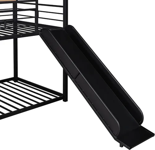 Vista 4 de Litera de metal individual sobre individual con escalera, litera de metal con tobogán para dormitorio de niños (casa negra con tobogán)