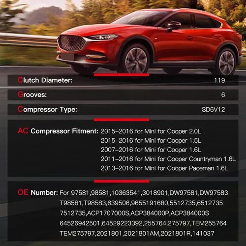 Vista 2 de cciyu Compresor de aire acondicionado apto para Mini Cooper 1.5L 1.6L 2.0L 2007-2016 Sustituye al compresor de CA para automóvil