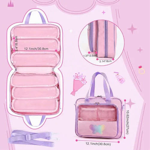 Vista 7 de Funda de transporte compatible con muñecas Barbie de 12 pulgadas/6 pulgadas. Bolsa de almacenamiento para muñecas compatible con muñecas LOL Rosa