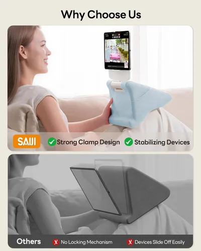 Vista 3 de SAIJI Soporte de almohada para tablet iPad mini soporte para Kindle para regazo en la cama, con elevador y clip multifunción ajustable en ángulo Azul