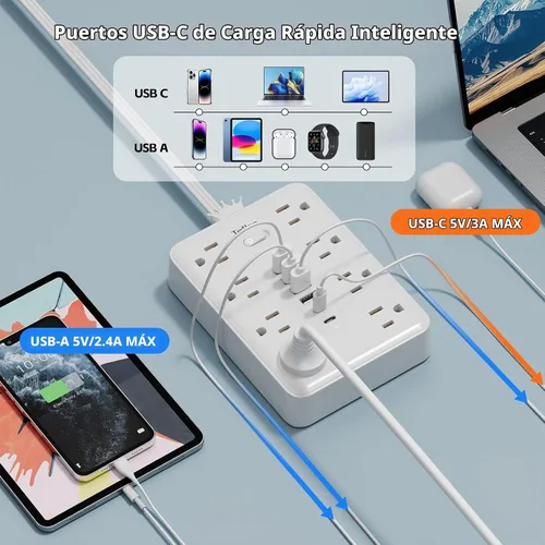 Vista 5 de Regleta de protección contra sobretensiones, 8AC+6USB 17W, enchufe plano