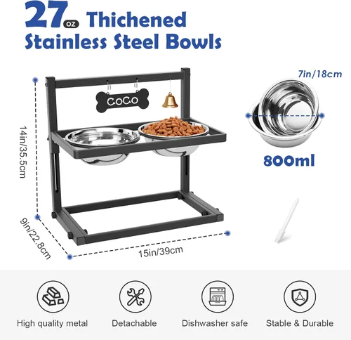 Vista 3 de Cuencos elevados para perros medianos y pequeños, 5 alturas ajustables, soporte elevado para perros con 2 cuencos de comida de acero inoxidable