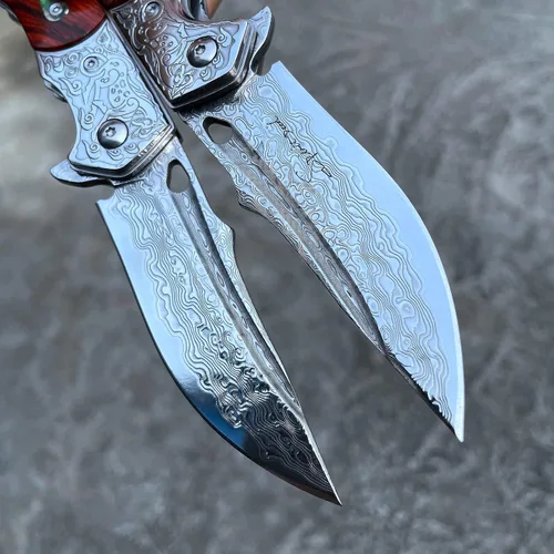 Vista 7 de Cuchillo hecho a mano japonés VG10 Damasco acero plegable cuchillo, mango de bloqueo de revestimiento de palisandro, cuchillos de bolsillo EDC