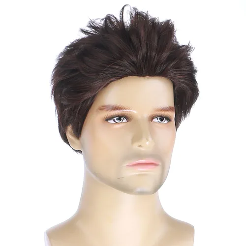 Vista 2 de Peluca corta BERON para hombre y chico, para fiesta temática, peluca con gorro de peluca Marrón oscuro