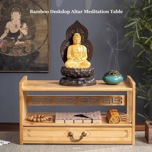 Vista 4 de HULKI Mesa de meditación de altar con almacenamiento, mesa de altar de 3 niveles para puja espiritual con cajón, mesa de meditación