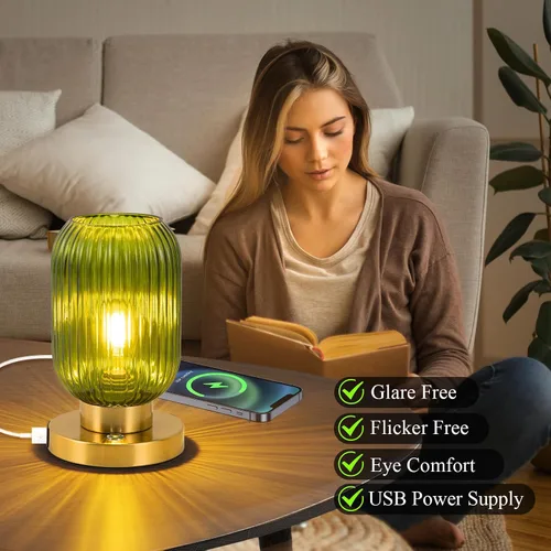 Vista 7 de Lámpara de mesa de cristal para sala de estar, lámpara de noche vintage para dormitorio, lámpara de mesa de noche regulable de 3 vías con control