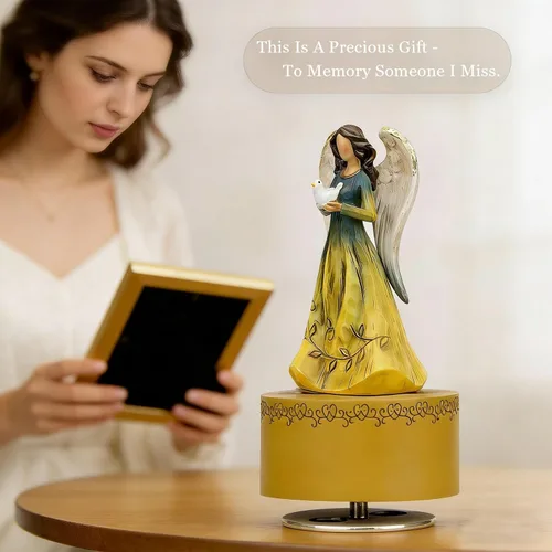 Vista 5 de Caja de música, figurita de caja musical del Ángel Guardián sosteniendo un corazón, cajas musicales esculpidas pintadas a mano, figuras de cajas