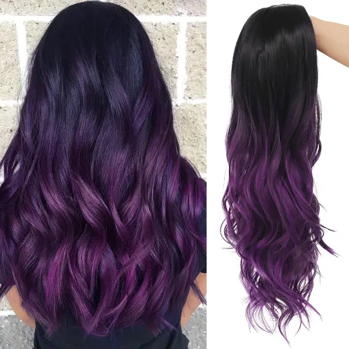 Vista 13 de Tseses Pelucas largas y onduladas de color azul degradado para mujer, pelucas de cabello sintético con raíces oscuras, cosplay, fiesta de Halloween