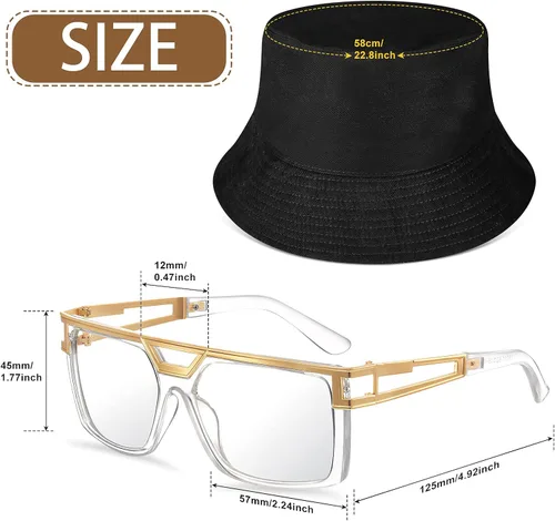 Vista 2 de Kit de disfraz de hip hop de los años 8090, accesorios de rapero, sombrero de cubo, lentes de sol transparentes, cadena de cuerda dorada, aretes