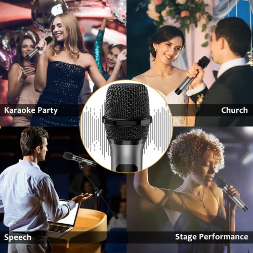 Vista 8 de VeGue Micrófono Inalámbrico, Juego de Micrófono UHF Dinámico de Mano Dual Inalámbrico con Receptor Recargable, para Karaoke, Fiesta, Amplificador