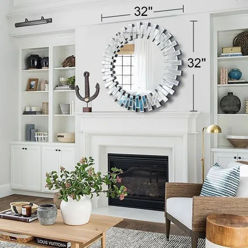 Vista 5 de Chende Espejo redondo – Espejo decorativo de 32 pulgadas con marco de vidrio biselado, acento moderno para sala de estar, vestíbulo, dormitorio