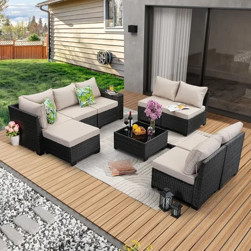 Vista 25 de JOYURE Juego de muebles de patio de 5 piezas, para todo tipo de clima, para exterior, sofá seccional de mimbre, sofá de ratán para patio con cojín