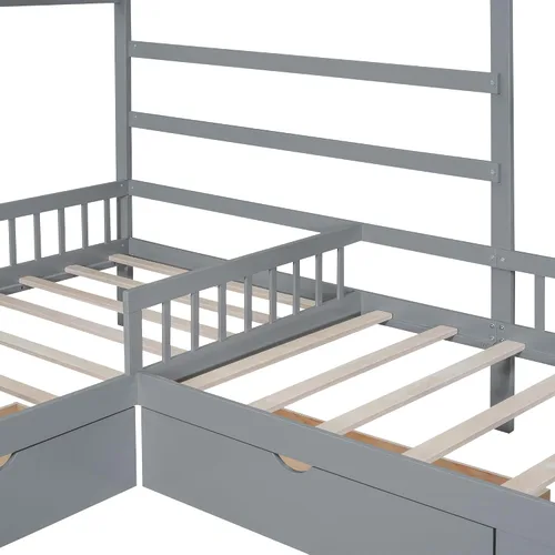 Vista 9 de Harper & Bright Designs Cama de plataforma de casa con cajones de almacenamiento y techo, marco de cama de madera tamaño individual con valla