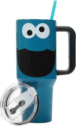 Vista 3 de Bioworld Sesame Street Cookie Monster - Vaso de acero inoxidable azul de 40 onzas con asa