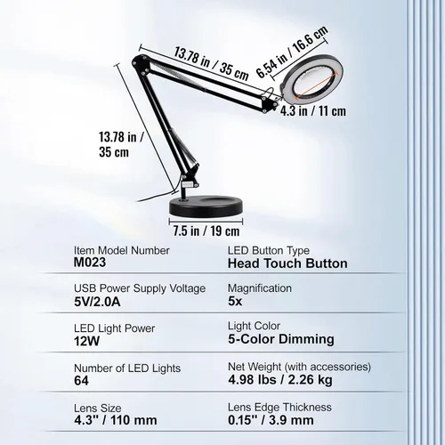 Vista 7 de VEVOR Lupa de 5X con luz y soporte, 【Actualizada】 5 modos de color, atenuación sin escalones, lupa de lente de vidrio de 4.3" lámpara de escritorio