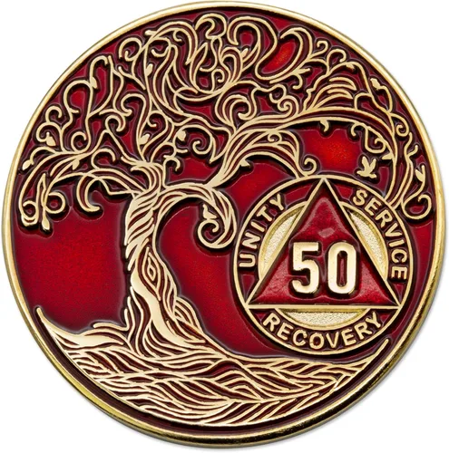 Vista 107 de 1 año Sobriety Mint Twisted Tree of Life Medallón de recuperación AA chapado en oro, chip/ficha - negro
