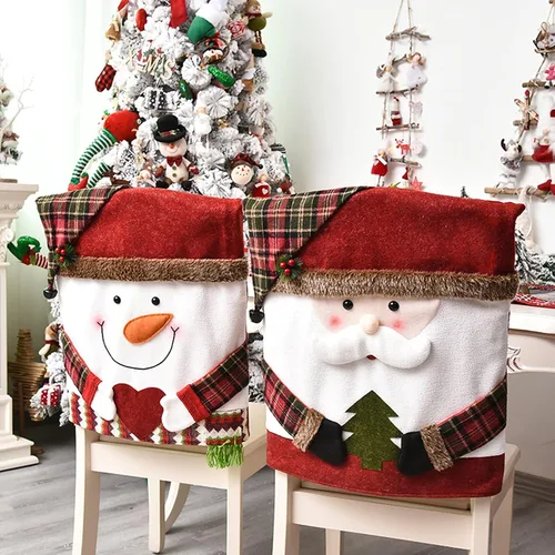 Vista 2 de IUIBMI 6 fundas para sillas de Navidad, fundas para sillas de mesa de cena de Navidad, Papá Noel y muñeco de nieve 3D, cubierta trasera