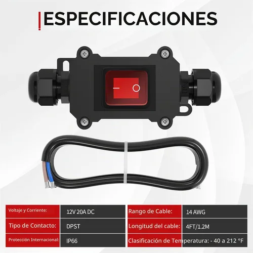 Vista 2 de RVBOATPAT Interruptor de cable en línea de 12 V, 20 A CC, interruptor en línea impermeable IP67 rojo iluminado 2 posiciones 4 pines DPST con cable