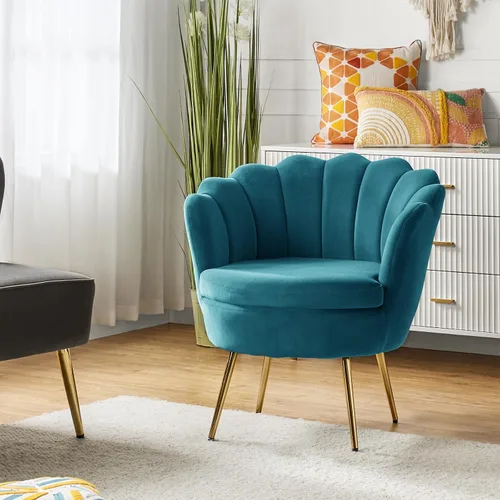 Vista 44 de HULALA HOME Silla decorativa moderna de terciopelo con respaldo en forma de concha, bonito sillón para sala de estar, dormitorio con patas doradas