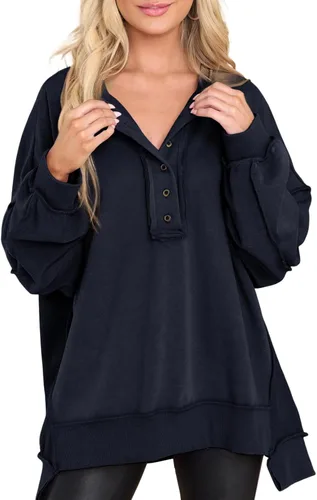 Vista 58 de AlvaQ - Sudadera de gran tamaño para mujer, informal, de manga larga, con botones y cuello Henley, tipo túnica