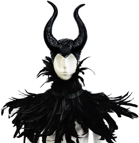 Vista 5 de L'VOW chal gótico con plumas negras y cuernos de Maleficent, disfraz de cuervo para Halloween