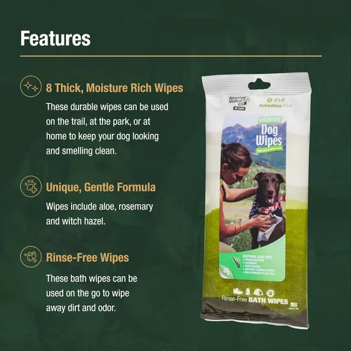 Vista 6 de Adventure Medical Kits Toallitas para perros, con infusión de aloe, paquete de 4 8 toallitas gruesas y ricas en humedad que limpian y calman a tu