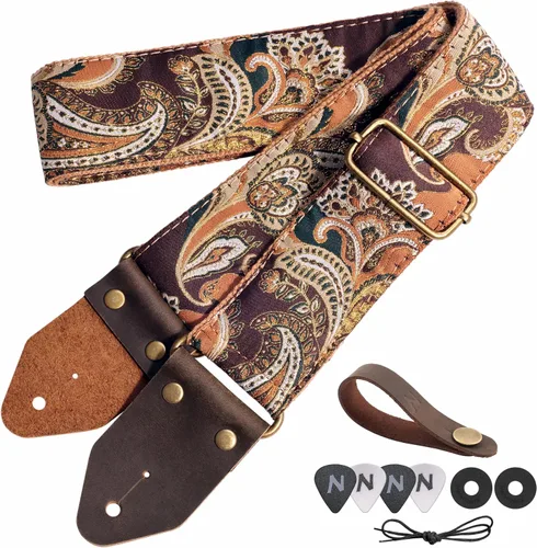 Vista 17 de Nefelibata Correa de guitarra, correas de guitarra de algodón bordado jacquard con extremos de cuero de caballo loco para bajo, eléctrico