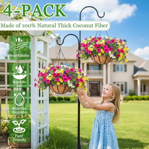 Vista 3 de Macetas colgantes para plantas de exterior, paquete de 4 cestas colgantes de metal de 12 pulgadas con forro de fibra de coco y alambre para plantas