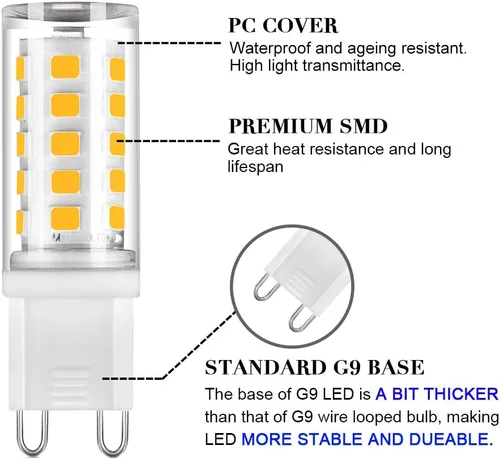 Vista 2 de Bombilla LED G9 de 4 W, reemplazo de bombilla halógena G9 de 40 W, 400 lm, blanco cálido 3000 K, bombillas de luz no regulables con base G9, paquete