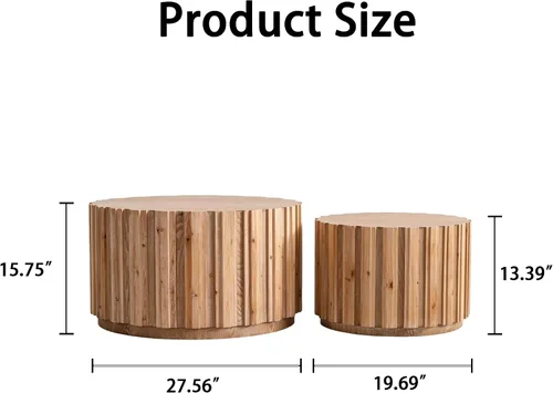 Vista 2 de WILLIAMPSACE - Juego de 2 mesas auxiliares redondas anidables, mesas centrales de madera rústica con cuerpo de listones verticales, mesa de té