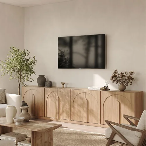 Vista 56 de BELLEZE Centro de entretenimiento modular de 4 piezas con almacenamiento, 2 vitrinas de madera moderna con gabinete arqueado y 2 armarios de puerta
