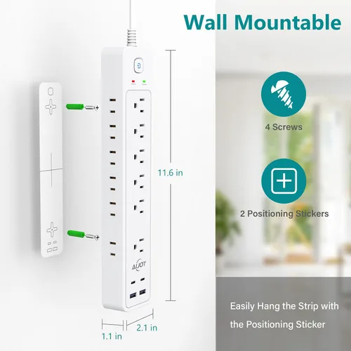 Vista 7 de Regleta de protección contra sobretensiones de 5 pies con 12 tomas de corriente y 4 puertos USB AiJoy Power Strip with USB Ports Extension Cord