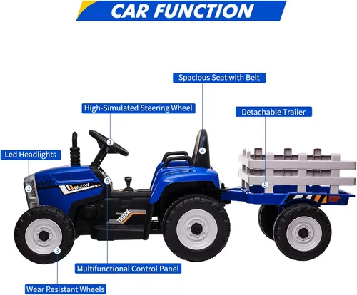 Vista 7 de Nasitip Tractor eléctrico con batería de 12 V con remolque y control remoto Azul