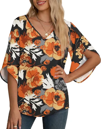 Vista 49 de Blusas de gasa con mangas 3/4 arrugadas de otoño para mujer de Jouica 01amy Verde