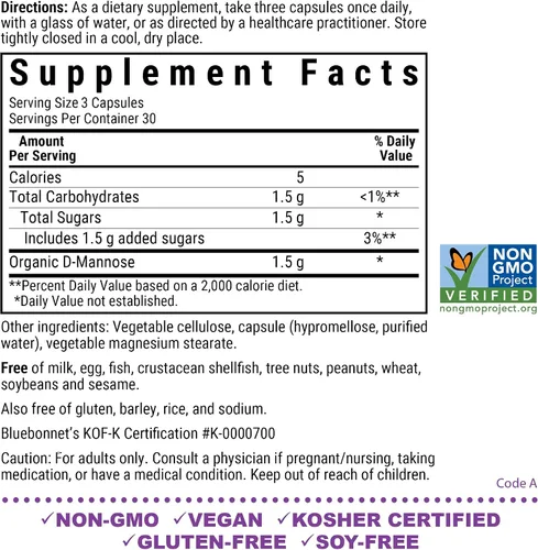 Vista 2 de BlueBonnet Nutrition D-Mannose 500 mg – Apoyo del tracto urinario de acción rápida para hombres y mujeres* – Sin OMG, vegano, kosher, sin gluten