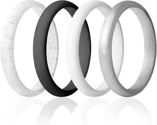 Vista 5 de ROQ - Anillo de boda de silicona para mujer, delgado apilable, bisel en forma de cuchillo, 2.5 mm de ancho, 2 mm de grosor, negro, mármol Blanco