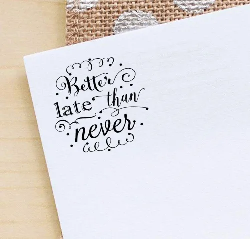 Vista 4 de Printtoo Ronda mejor tarde que nunca texto auto entintado sello de goma boda invitación sello regalo idea