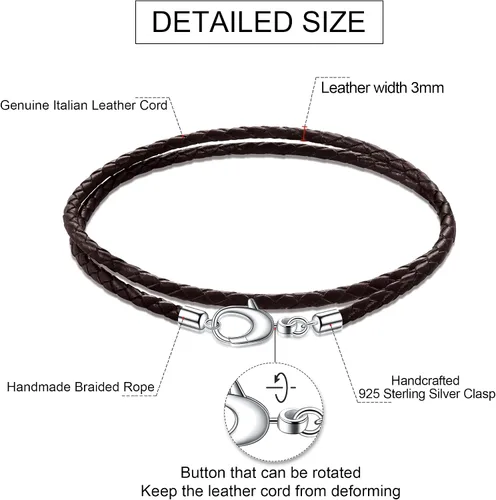 Vista 5 de Pulsera de cuero trenzado italiano genuino de doble envoltura para hombres y mujeres pulsera de cuero negro o marrón de 0118in cierre de plata