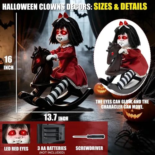 Vista 10 de Halloween Animatronic Decorations Girl Doll on Rocking Horse with Lights