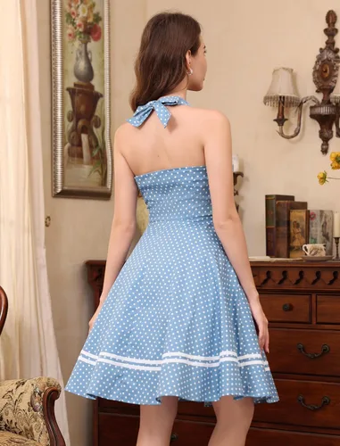 Vista 6 de Vestido de cóctel vintage de los años 50 con botones florales de los años 50, Rockabilly Audrey Hepburn, vestido de fiesta de té, Azulclaro, Grande