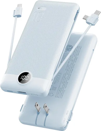 Vista 13 de VRURC Cargador portátil, cables integrados en el banco de energía y enchufe Naranja