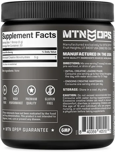 Vista 2 de MTN OPS Monohidrato de creatina micronizada en polvo, sin sabor, 0.18 oz por porción, 50 porciones, creatina pura para recuperación muscular
