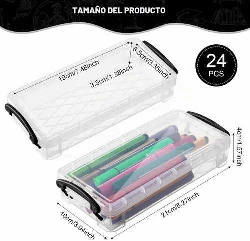 Vista 2 de Gueevin Caja de lápices de gran capacidad de plástico de 24 piezas, estuche de lápices transparente de plástico con tapa de cierre hermético, caja