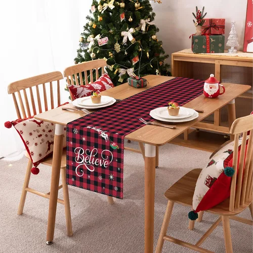 Vista 4 de Bonhause Camino de Mesa Navideño a Cuadros Buffalo Rojo y Negro de 13x72 Pulgadas Xmas Believe Trineo Decoración Estacional de Invierno para Mesa