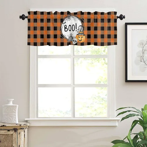 Vista 4 de Cortina de cenefa para cocina, cenefa de búfalo negro y naranja para sala de estar, cenefas con bolsillo para barra para dormitorio, cenefa