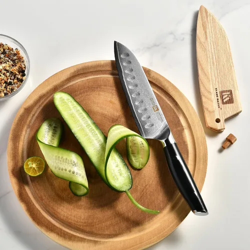 Vista 8 de Klaus Meyer Luxor - Cuchillo Santoku de acero Damasco de 5.5 pulgadas con funda de madera