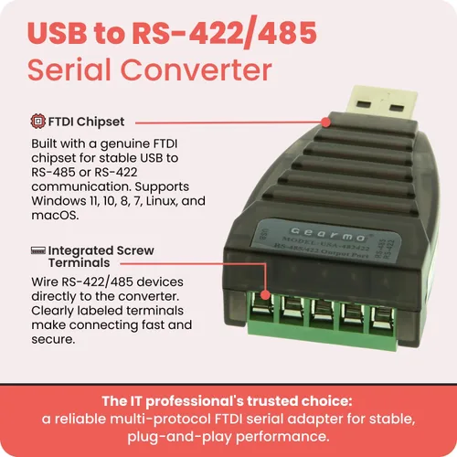 Vista 2 de Gearmo - Convertidor USB a RS485 con indicadores LED, chipset FTDI, conectores de terminales, protección ESD, soporte de SO ancho, compatible